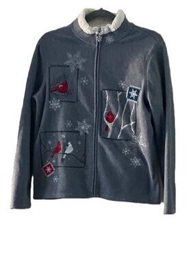 Croft & Barrow Women's Petite Small Gray Fleece Jacket Cardinal Bird Sherpa Trim